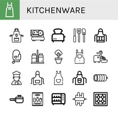 Set of kitchenware icons such as Apron, Slicer, Toaster, Kitchen tools, Oven mitt, Salt and pepper, Pot, Mincer, Cooker, Boiled, Cooking pot, Mix, Dough, Stove , kitchenware
