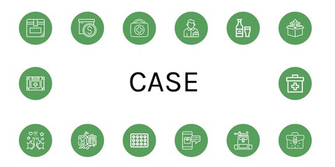 Set of case icons such as Box, First aid kit, Salesman, Beer, Luggage, Beer box, Package, Camera bag, Briefcase , case