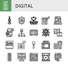 Set of digital icons such as Phone, Tripod, Bitcoin, Antenna, Ledger, System, Analytics, Bug, Digital clock, Picture, Counter, Laptop, Creativity, Drawing tablet, Server , digital