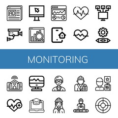 Set of monitoring icons such as Seo and web, Cctv, Screen, Web analytics, Smart house, Heartbeat, Heart rate, Local network, Engineering, Smart home, Technician, Engineer , monitoring