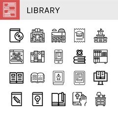 Set of library icons such as Bookcase, Audiobook, Bookstore, Museum, College, School, Ebook, Book, Open book, Medical book, Design Bible, Nightstand , library