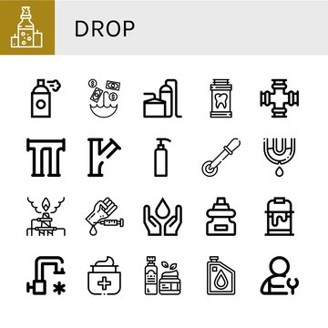 Set of drop icons such as Oil, Spray, Umbrella, Storage tank, Medicine, Pipe, Gel, Pipette, Leak, Pollution, Blood test, Water, Dropper, Paint bucket, Cold water, Antiseptic , drop