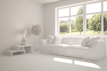 Mock up of stylish room in white color with sofa and green landscape in window. Scandinavian interior design. 3D illustration