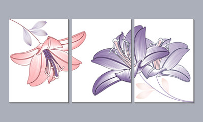 Set of 3 canvases for wall decoration in the living room, office, bedroom, kitchen, office. Home decor of the walls. Floral background with flowers of lily. Element for design. 