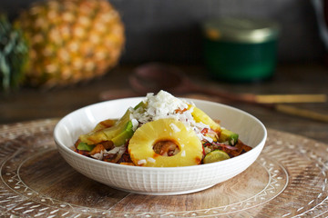 Hawaiian Barbeque Tofu Bowl with Pineapple and Coconut Flakes