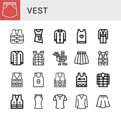 Set of vest icons such as Skirt, Life vest, Blouse, Coat, Tank top, Cardigan, Bulletproof vest, Paintball, Life jacket, Singlet, Anorak ,