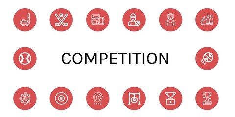 Set of competition icons such as Golf stick, Hockey stick, Swimming pool, Waterpolo, Boxer, Bowling pins, Stopwatch, Billiard, Medal, Darts target, Trophy, Baseball , competition