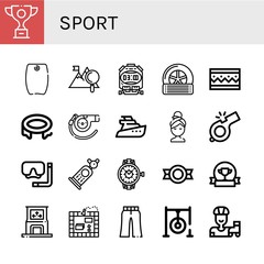 Set of sport icons such as Trophy, Bodyboard, Mountain, Stopwatch, Tyre, Bracelet, Trampoline, Whistle, Yatch, Relax, Diving mask, Car, Watch, Medal, Award, Dance, Board game , sport