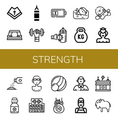 Set of strength icons such as Mantle, Paper punch, Punching bag, Dumbbell, Battery, Swimmer, Kettlebell, Pool kickboard, Sumo, Powder, Vitamins, Gym, Medicine ball , strength