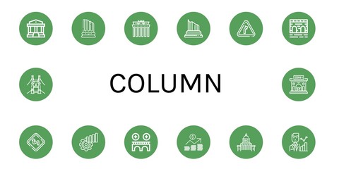 Set of column icons such as Parthenon, Column, Brandenburg gate, Curve, Bridge, Curves, Statistics, Graph, Government, Museum , column
