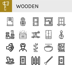 Set of wooden icons such as Axe, Door, Matryoshka doll, Window, Barrels, Treasure, Catapult, Wardrobe, Domra, Russian, Coat stand, Dough, Guillotine, Rocking horse, Fences , wooden