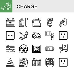Set of charge icons such as Electric car, Battery, Power bank, Car battery, Flash, Socket, Levels, Shocked, Voltage, Electric meter , charge