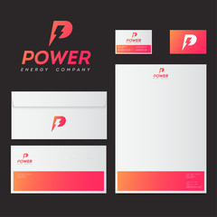 Power logo. P letter with lightning. Energy style business Identity. Mock up of letterhead, envelopes, business card.