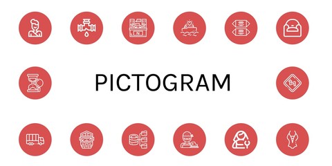 Set of pictogram icons such as Judo, Leak, Interview, Yatch, Chocolate, Armchair, Truck, Helmet, Hosting, Butcher, Plumber, Swimsuit, Sand clock, Curves , pictogram