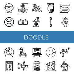 Set of doodle icons such as Gangsta, Sad, Noodles, Gummy, Water slide, Instant noodles, Hamsa, Cotton swab, Slide, Blushing, Baby girl, Question, Hip hop, Chalkboard , doodle