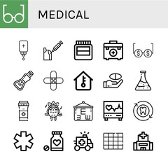Set of medical icons such as Glasses, Intravenous saline drip, Vaccine, Hormones, First aid kit, Soap, Band aid, Temperature, Medicine, Flask, Pills, Listening, Eye test , medical