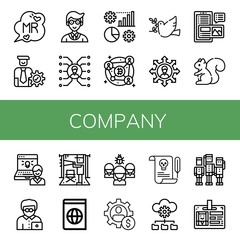 Set of company icons such as Mr, Manager, Skill, Management, Blockchain, Dove, Team, Blog, Squirrel, Administrator, Office worker, Director, Atlas, Organization, Letter , company