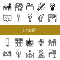 Set of lamp icons such as Desk, Idea, Creativity, Street lamp, Glow, Light, Light bulb, Dressing table, Paper lamp, Sofa, Bar counter, Sticky note, Dining table, Lightbulb ,