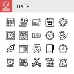 Set of date icons such as Planner, Calendar, Time management, Delivery date, Clock, Digital clock, Appointment, Hearts, Vows, Agenda, Time, Schedule , date