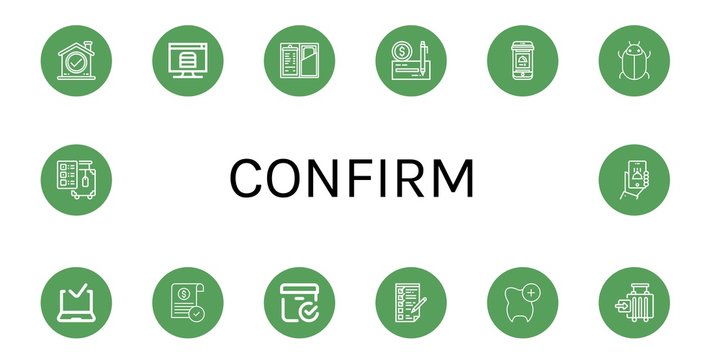 Set of confirm icons such as Check, Online order, Tick, Approved delivery, Approve, Checked box, Checking, Check in, Check out , confirm