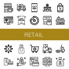 Set of retail icons such as Shop, Online shop, Truck, Banner, Crisps, Sticker, Pizza shop, Shopping bag, Store, Summer sale, Payment method, Bag, Shopping cart, Payment , retail