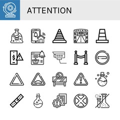 Set of attention icons such as School bell, Poison, Notification, Cone, Walking street, Risk, Security camera, Barrier, No entry, Warning, Hump, Belt, Error, Forbidden , attention