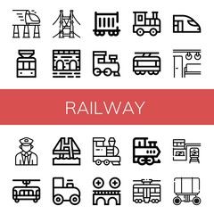 Set of railway icons such as High speed train, Tramway, Bridge, Railway carriage, Train, Railroad, Tram, Electric train, Toy station, Wagon , railway