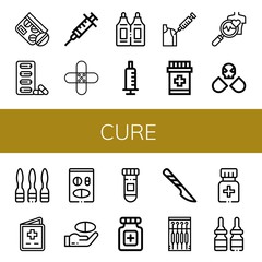 Set of cure icons such as Medicine, Pills, Syringe, Band aid, Suppositories, Vaccine, Health check, Drugs, Vaccination, Scalpel, Needle , cure