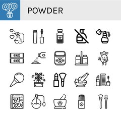 Set of powder icons such as Aromatic, Perfume, Mascara, Spices, No spray, Instant coffee, Powder, Salt and pepper, Blushing, Nasal aspirator, Herb, Makeup, Beauty, Herbs , powder