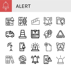 Set of alert icons such as Bell, Notification, Megaphone, Stairs, Bells, File, Ambulance, Cone, Laser, Uneven, Reflector, Alarm, Alarm clock, Files, School bell, Risk , alert