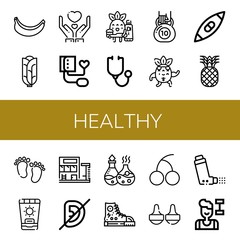 Set of healthy icons such as Banana, Cabbage, Give, Blood pressure, Toothbrushing, Stethoscope, Kettlebell, Strong, Kayak, Pineapple, Feet, Sunscreen, Swimming pool , healthy