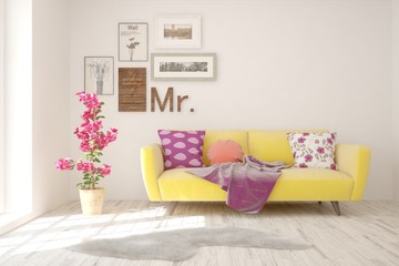 Stylish room in white color with sofa. Scandinavian interior design. 3D illustration