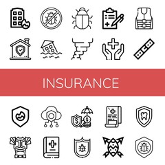 Set of insurance icons such as House on fire, Shield, Antivirus, Flood, Hurricane, Medical report, Healthcare, Life jacket, Belt, Armor, Safe, Medicine book, Insurance , insurance
