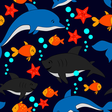 seamless pattern with sea animals, picture in cartoon style