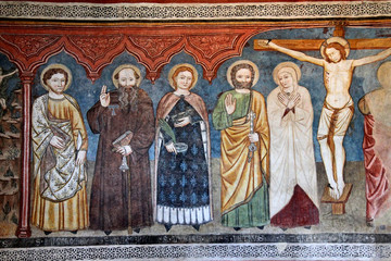 Cristo crocifisso, Maria, San Pietro, Santa Lucia, Sant'Antonio abate e San Bartolomeo; affresco...