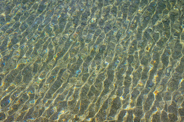 Shallow water on sandy beach of Adriatic Sea on calm sunny day, background