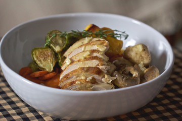 One-Dish Hearty Roast Chicken Breast Dinner with Butternut Squash and Brussels Sprouts
