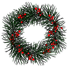 Christmas wreath with branches of pine and berry mistletoe, isolate on a white background
