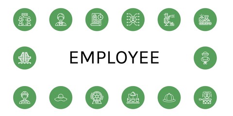Set of employee icons such as Meeting, Entrepeneur, Time management, Skill, Director, Worker, Hat, Wheel, Group, Headhunting, Population , employee