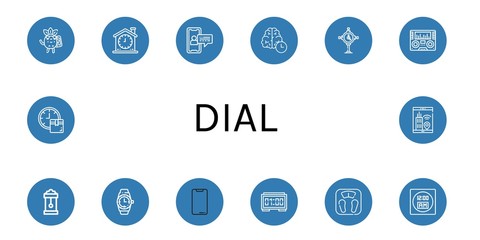 Set of dial icons such as Calling, Clock, Smartphone, Time, Radio, Wall clock, Wristwatch, Digital clock, Bathroom scale , dial