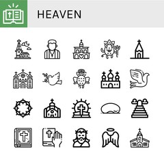 Set of heaven icons such as Bible, Church, Pastor, Devil, Dove, Angel, Crown of thorns, Cloud gate, Heaven, Jesus , heaven
