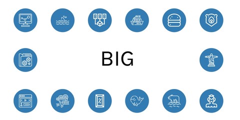 Set of big icons such as Data, Shark, Data mining, Cruise, Bola de berlim, Bear, Carousel, Funnel, Full length mirror, Whale, Polar bear, Sumo, Christ the redeemer , big