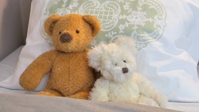 Two teddy bears sitting on the bed in the room