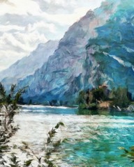 Digital mountains view oil painting with real brush strokes effect. Contemporary impressionism mixed style wall art print. Power of nature scene. Vacation postcards and prints design. Beauty artwork.