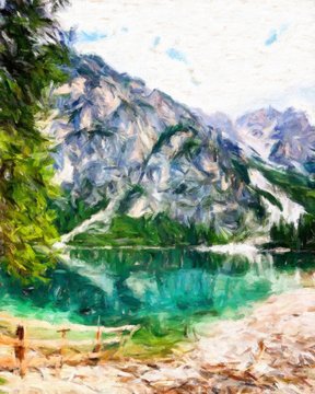 Digital mountains view oil painting with real brush strokes effect. Contemporary impressionism mixed style wall art print. Power of nature scene. Vacation postcards and prints design. Beauty artwork.