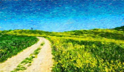 Digital mountains view oil painting with real brush strokes effect. Contemporary impressionism mixed style wall art print. Power of nature scene. Vacation postcards and prints design. Beauty artwork.