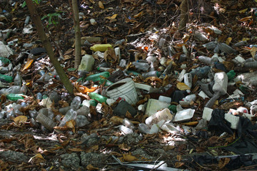 Huge messy pile of plastic bottles, dirt, and trash litter among trees and brown wood and leaf debris polluting environment on forest ground floor