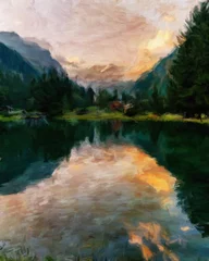 Digital mountains view oil painting with real brush strokes effect. Contemporary impressionism mixed style wall art print. Power of nature scene. Vacation postcards and prints design. Beauty artwork. © Halina