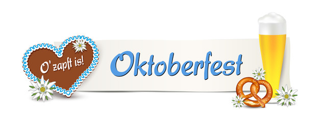 Oktoberfest Banner, Lebkuchen Herz mit Bier, Brezel und Edelweiss,  Vektor Illustration isoliert auf weißem Hintergrund