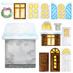Cute cartoon gray winter house, white and dark wooden windows, doors, christmas decorations constructor on white background. Watercolor elments set Perfect for creating your house design.